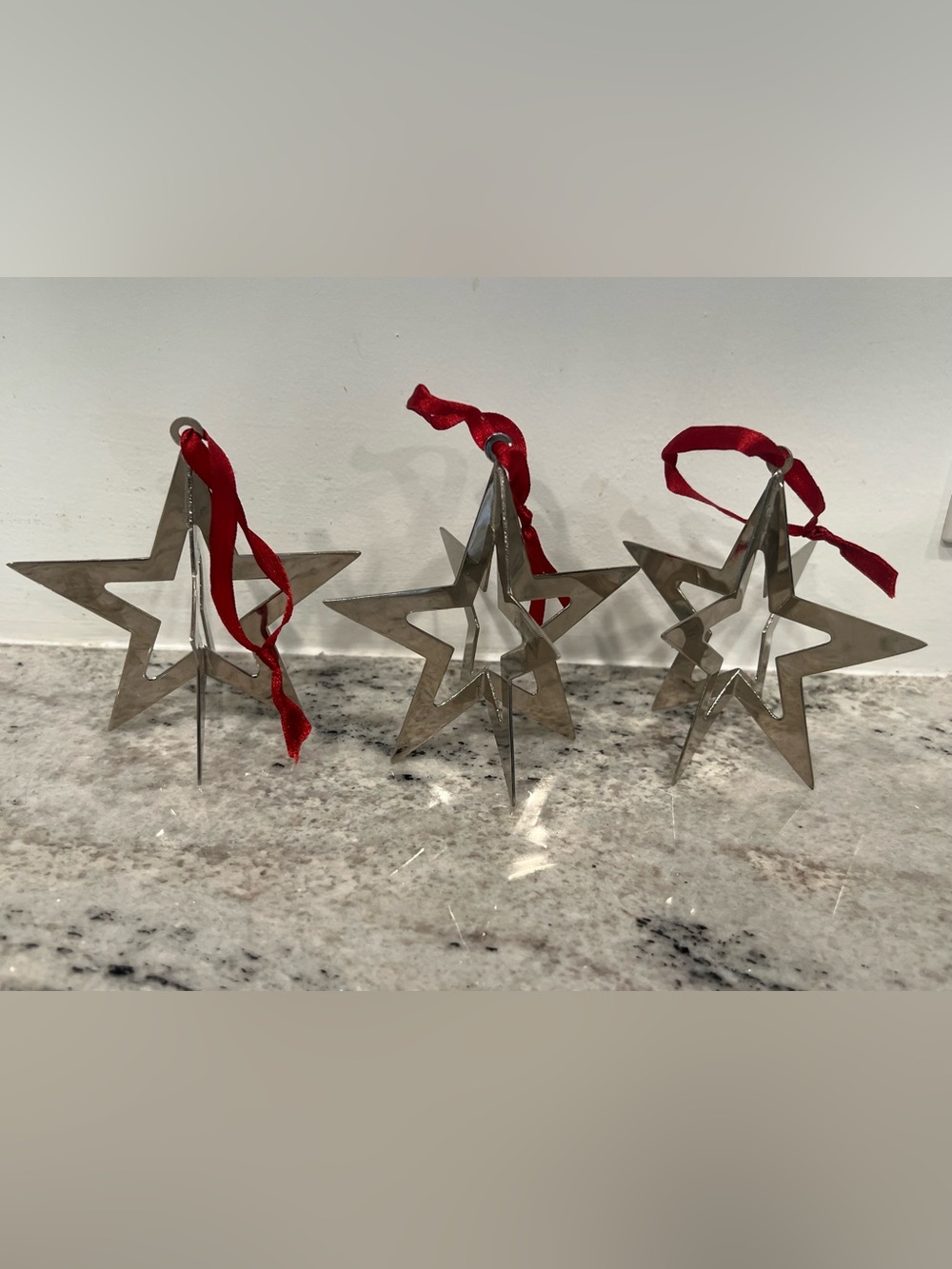 3 restoration hardware 3d Metal Star Holiday Ornament with Red Ribbon RARE